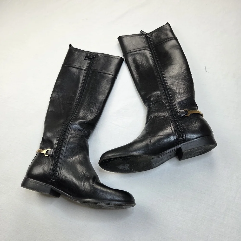 Tory Burch Black Leather Riding Boots 7.5M Gold Logo Hardware Equestrian Tall